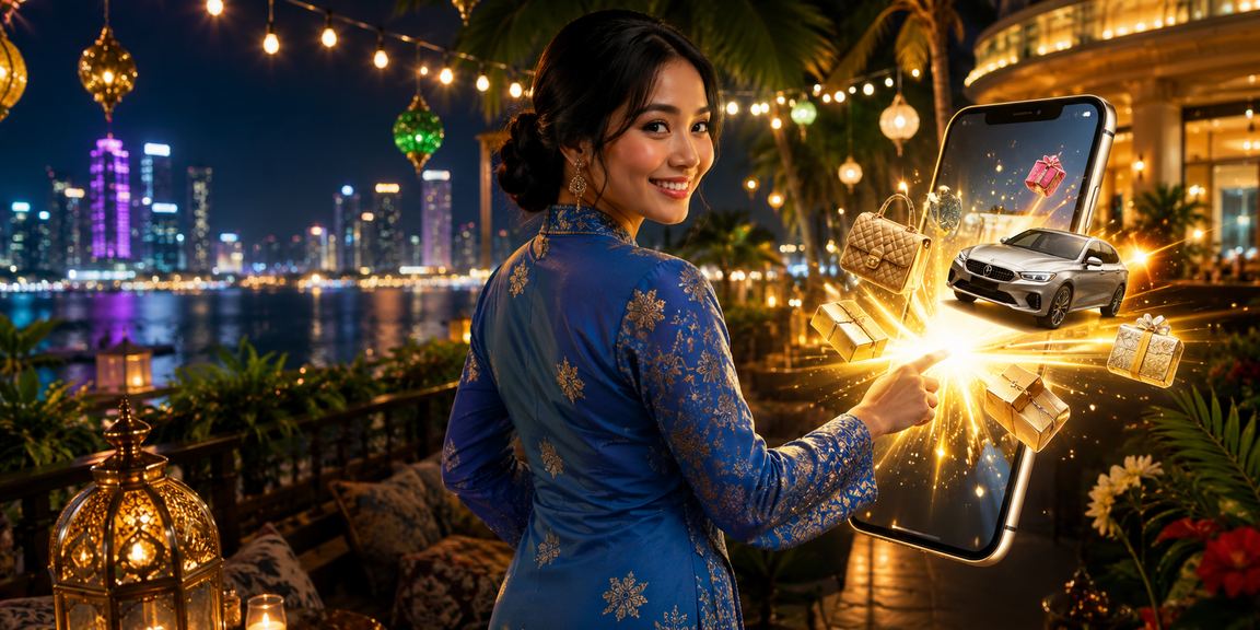 Pengguna berbaju kurung di Johor Bahru mengakses platform yes2win melalui telefon mudah alih